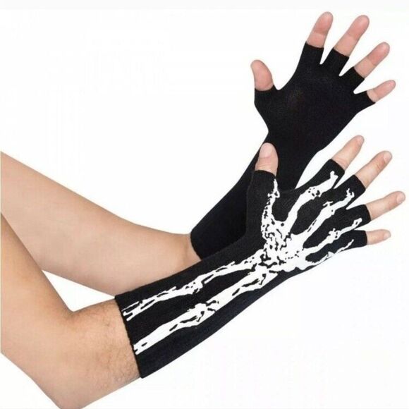 New Black Bone Skeleton glow in the dark Knit Fingerless Costume Gloves - Picture 4 of 5